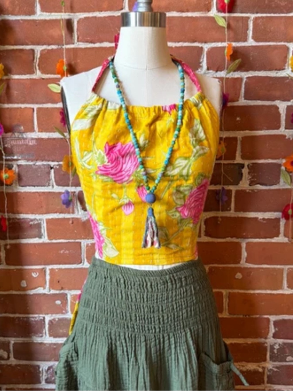 Yellow Floral Halter Crop Top Kantha Reversible In Bloom Cotton Karma Nepal Boho